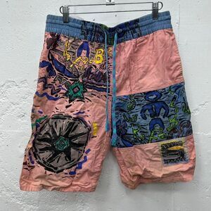 Vintage Retro Overboard Surf Shorts Pink Geometric Funky Pattern
